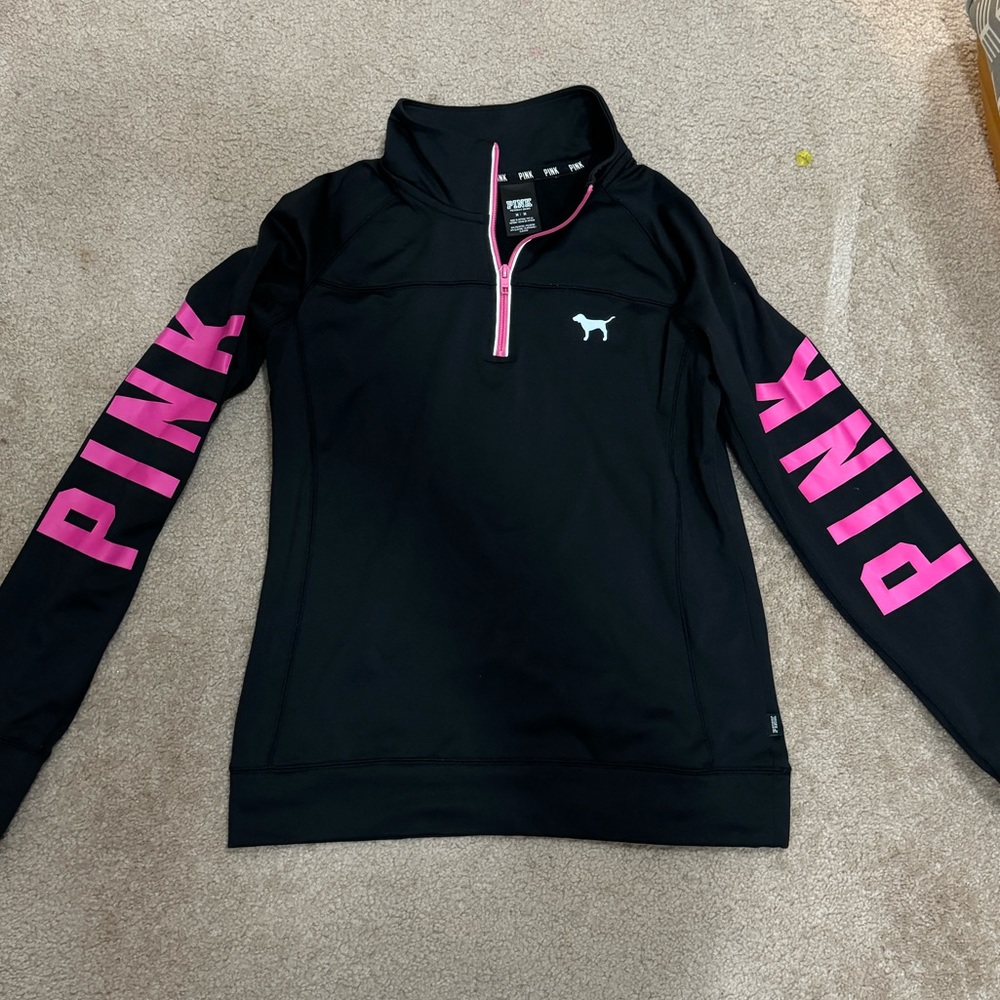 VICTORIA’S SECRET PINK ACTIVE HALF ZIP BLACK AND PINK SWEATER JACKET SIZE MEDIUM